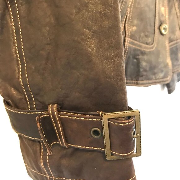 VTG Y2K Leather Moto Jacket Brown Italian  Danier western rodeo 80's Women S - Picture 9 of 10